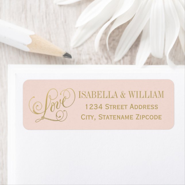 Étiquette Love Blush Gold Calligraphy Mariage Adresse de ret (En situation)