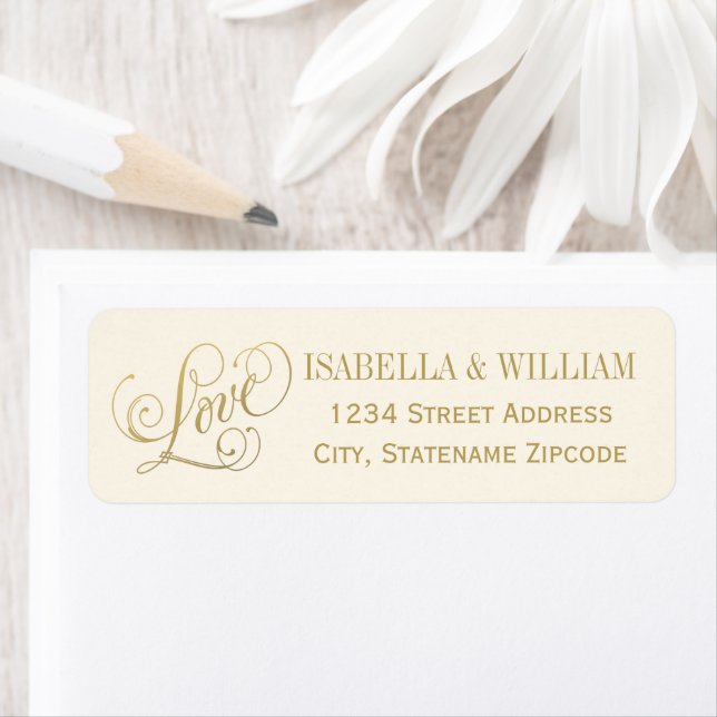 Étiquette Love Gold Calligraphy Mariage Retour Adresse (En situation)