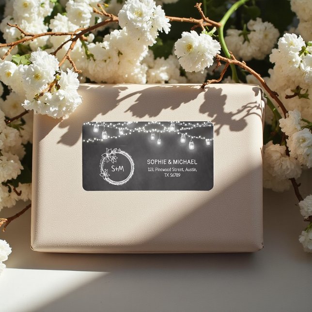 Étiquette Lumières à cordes Mason Mariage noir blanc (Créateur téléchargé)