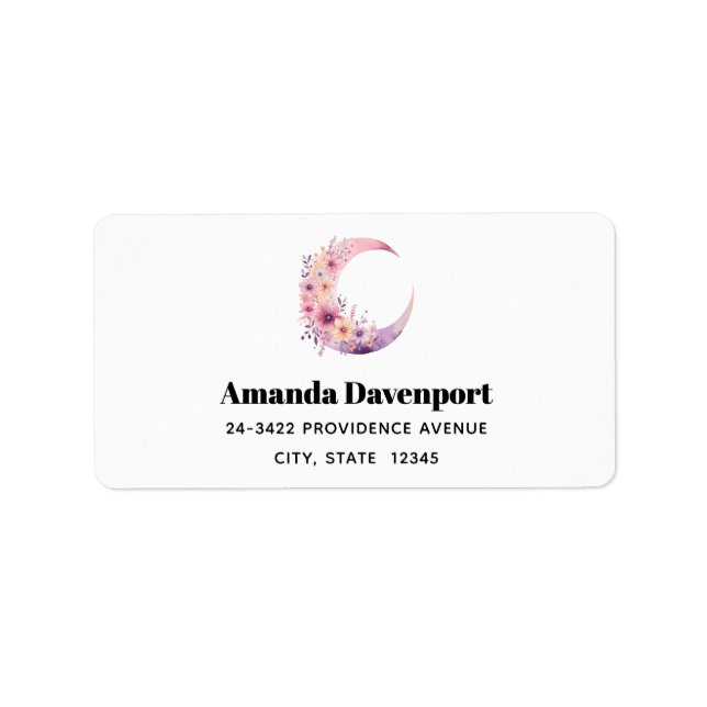 Étiquette Lune rose Croissant avec Jolie Fleurs Adresse (Devant)