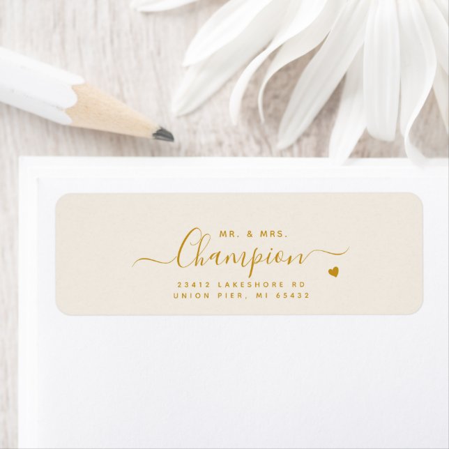 Étiquette M. & Mme Gold Script Mariage Adresse de retour (En situation)