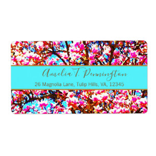 Étiquette Magnolias Moderne rose Turquoise Aquarelle Florale