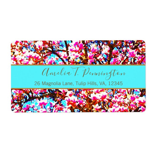 Étiquette Magnolias Moderne rose Turquoise Aquarelle Florale (Devant)