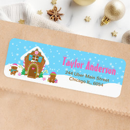 Étiquette Maison en pain d'épice de Noël Bleu et rose