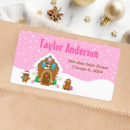 Étiquette Maison en pain d'épice de Noël rose vif