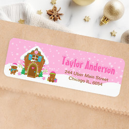 Étiquette Maison en pain d'épice de Noël rose vif