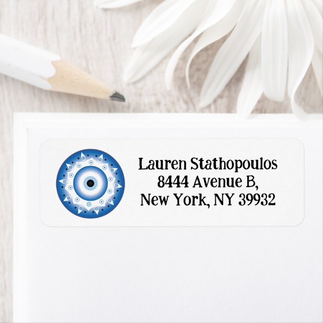 Étiquette Mandala Grec Mal Oeil Bleu Blanc (En situation)