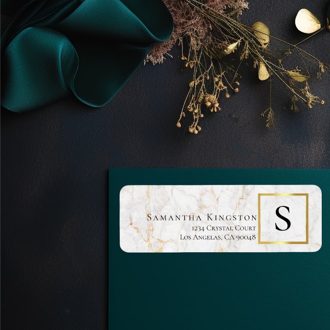 Étiquette Marbre blanc et or | Adresse de retour du monogram (Créateur téléchargé)