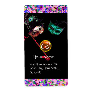 Étiquette MARDI GRAS MASQUERADE Confetti Gem monogramme noir