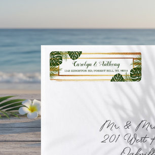 Étiquette Mariage à la plage Gold Foil & Green Palm Leaf