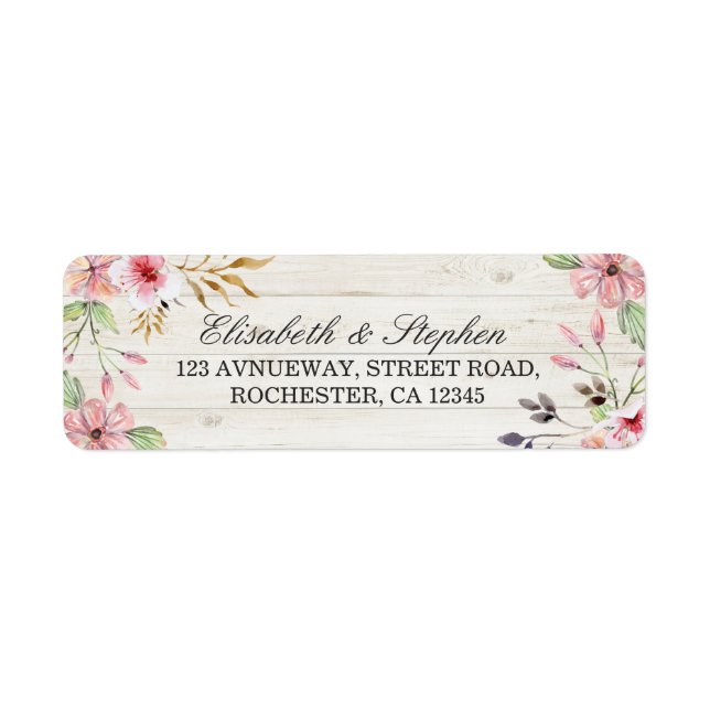 Étiquette Mariage Adresse Aquarelle Fleur rose Bois rustique (Devant)