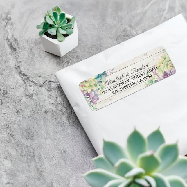 Étiquette Mariage Adresse Aquarelle Succulents Bois rustique (Créateur téléchargé)
