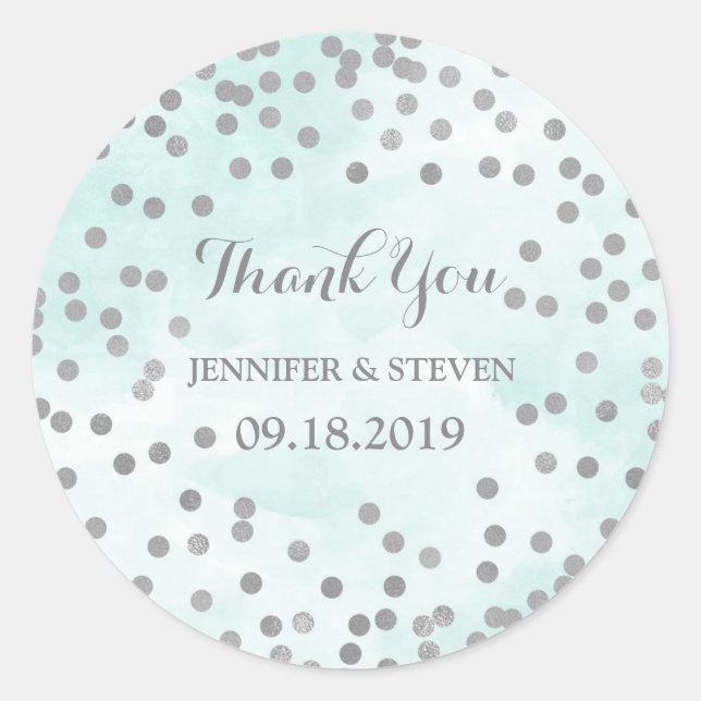 Étiquette Mariage Aquarelle bleu Argent Confetti (Devant)