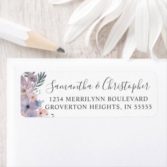 Étiquette Mariage Aquarelle Purple Floral Fleur sauvage Scri (En situation)