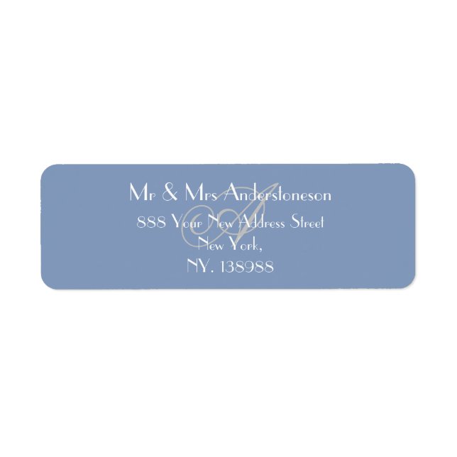 Étiquette Mariage Bleu Poussiéreux Monogramme Adresse de Ret (Devant)
