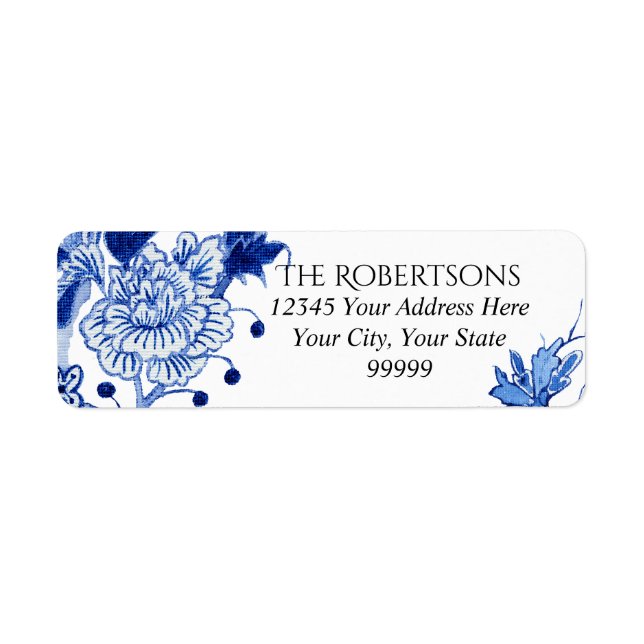 Étiquette Mariage Blue Chinoiserie Floral | Adresse de retou (Devant)