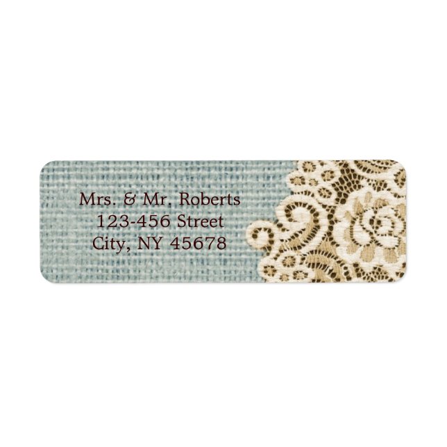 Étiquette mariage campagnard en dentelle beige bleu rustique (Devant)