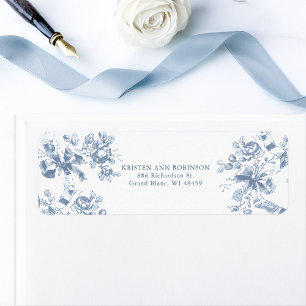 Étiquette Mariage Classique Fleurs et Rubans Bleu Français