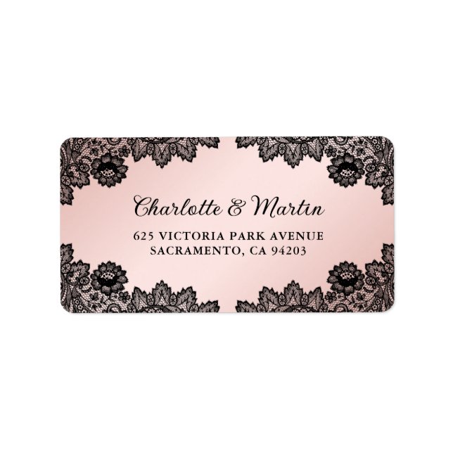 Étiquette Mariage de dentelle florale noir et blanc (Devant)