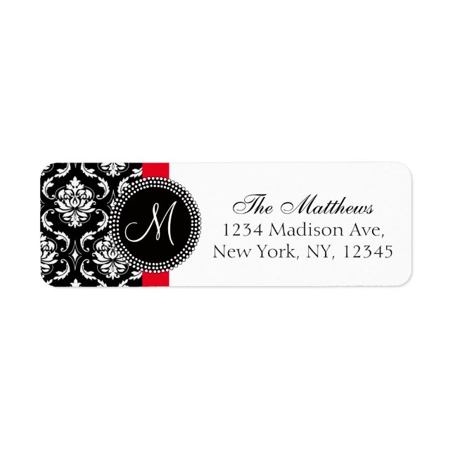 Étiquette Mariage de monogramme élégant Red Black Damask (Devant)