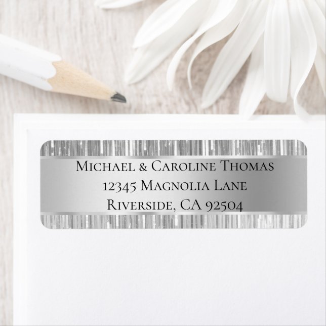 Étiquette Mariage de rayures brillantes en argent glam (En situation)