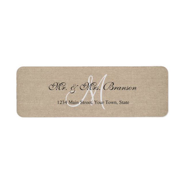 Étiquette Mariage de toile en lin rustique Monogramme initia (Devant)
