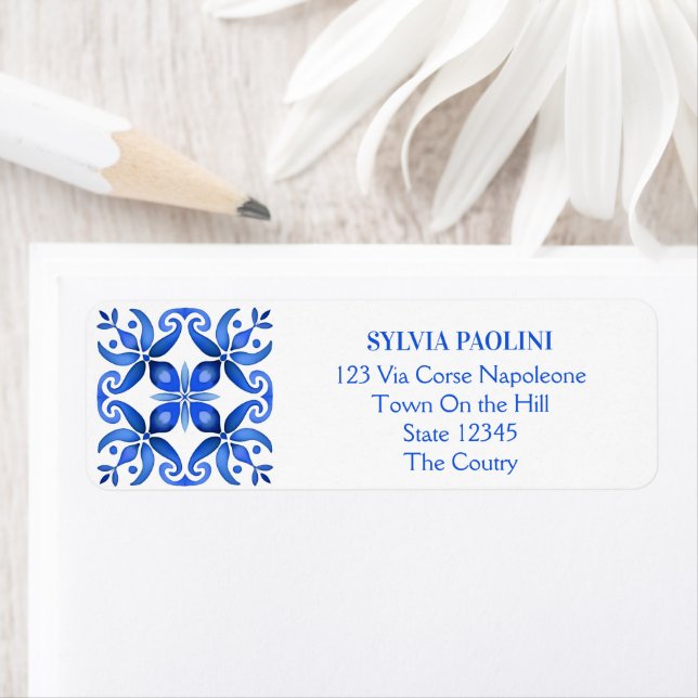 Étiquette Mariage en tuiles espagnoles Blue Talavera (En situation)
