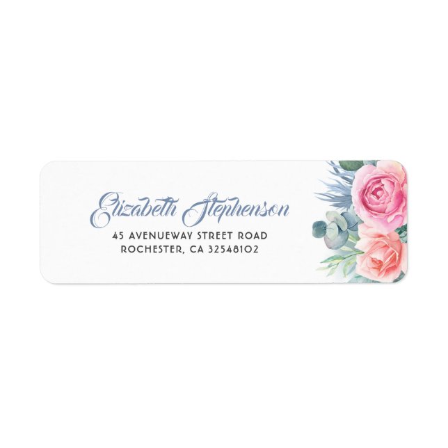 Étiquette Mariage floral bleu et rose pâle (Devant)