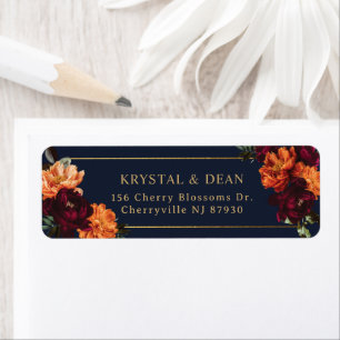 Étiquette Mariage Floral Burgundy Brûlé Orange Sombre et Mys
