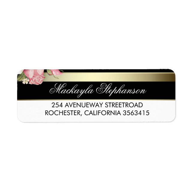 Étiquette Mariage Floral Gold Black and White Stripes (Devant)