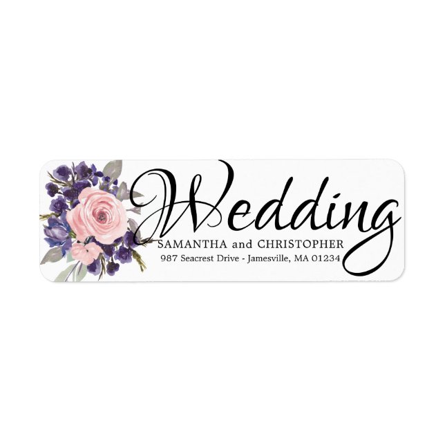 Étiquette Mariage Floral Rose Violet Retourner l'adresse Éti (Devant)