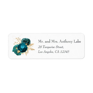 Étiquette Mariage Floral Turquoise et Or Vintage