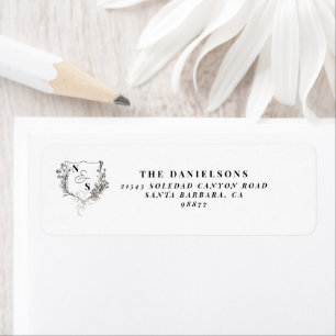 Étiquette Mariage Formel Monogramme à Crête Florale Noir & B