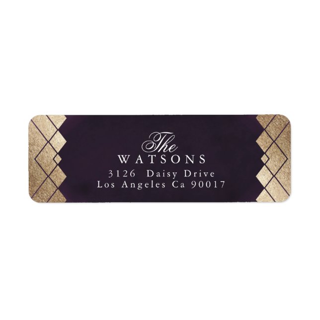 Étiquette Mariage Gatsby d'or violet géométrique (Devant)