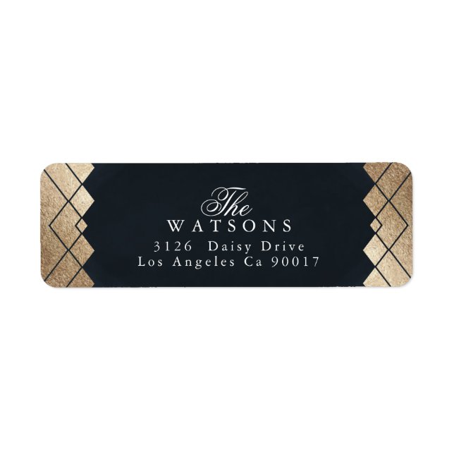 Étiquette Mariage Géométrique Dark Navy Gold Gatsby (Devant)