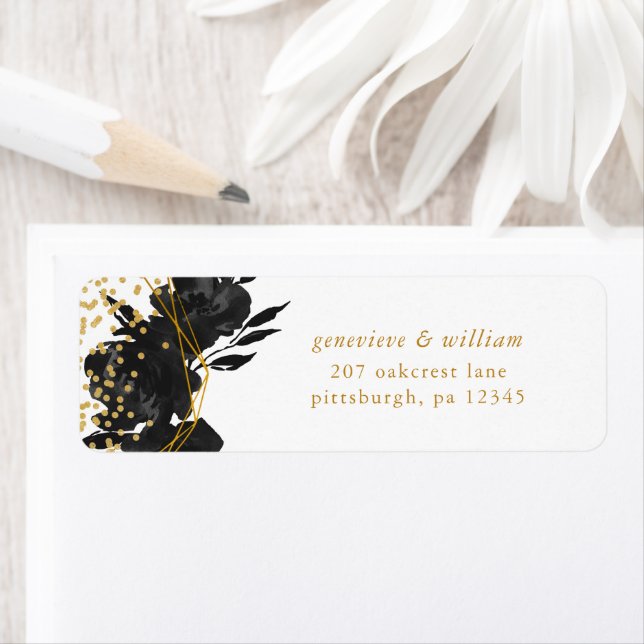 Étiquette Mariage géométrique moderne Faux Floral Noir Or (En situation)