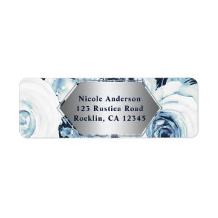 Étiquette Mariage Hiver Bleu Blanc Argent Roses Vintage