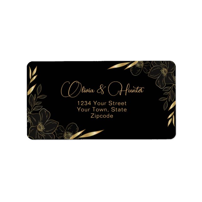 Étiquette Mariage moderne Black and Gold Floral (Devant)
