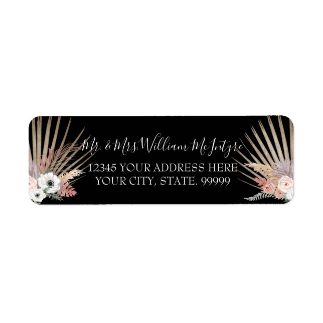 Étiquette Mariage moderne de palme tropicale rose noire (Devant)