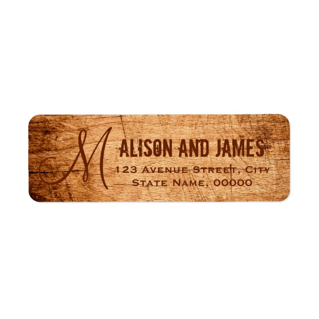 Étiquette Mariage Monogramme en Bois Égratigné de Campagne R (Devant)