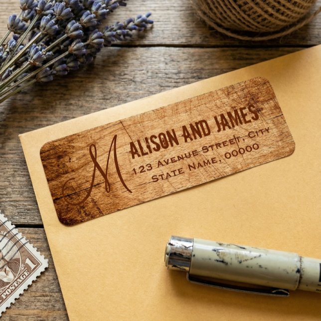 Étiquette Mariage Monogramme en Bois Rayé de Campagne Rustiq (Créateur téléchargé)