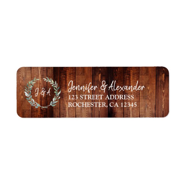 Étiquette Mariage monogramme feuille en bois rustique (Devant)