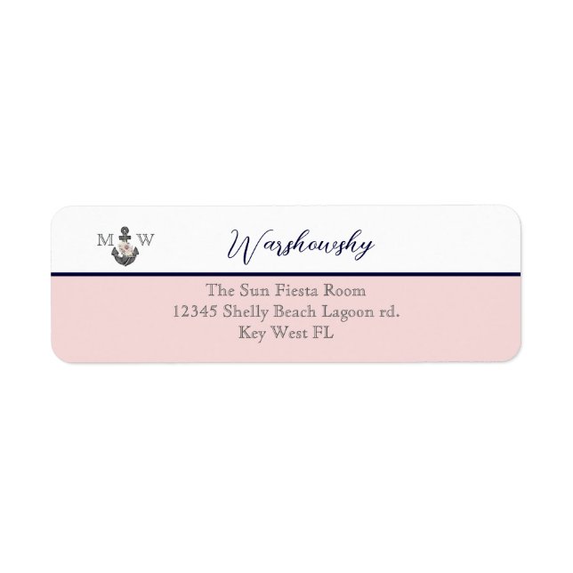 Étiquette Mariage nautique Ancre florale rose et marine (Devant)