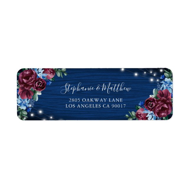 Étiquette Mariage Navy Blue Burgundy Floral Lights (Devant)