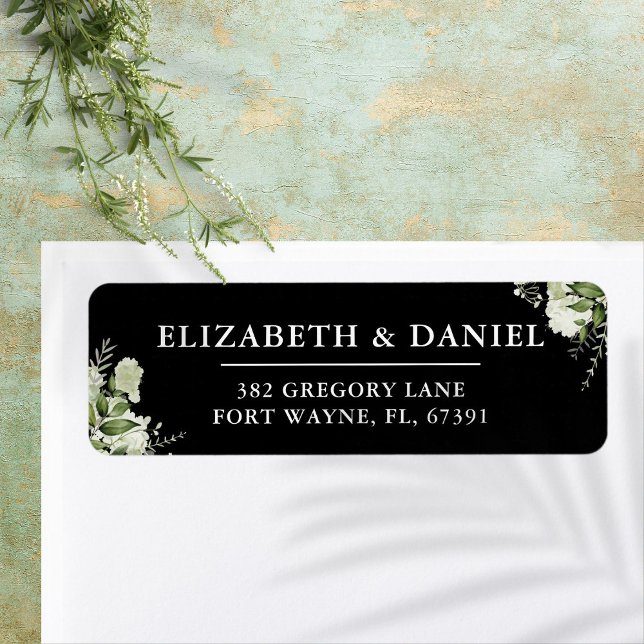 Étiquette Mariage noir et blanc vert Adresse de retour (Greenery Black And White Wedding Return Address Label)