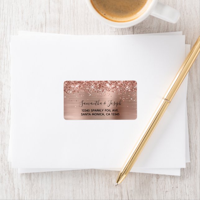 Étiquette Mariage Pailleté Rose Doré Brillante Feuille (En situation)