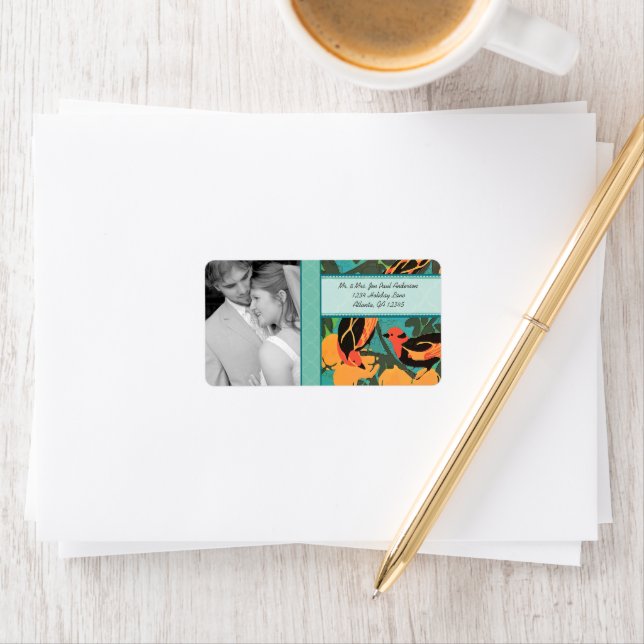 Étiquette Mariage Photo Art Déco Oiseaux RSVP ou Merci (En situation)