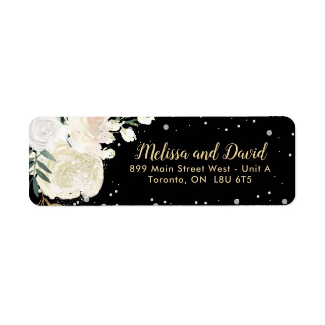 Étiquette Mariage romantique d'hiver noir et or (Devant)