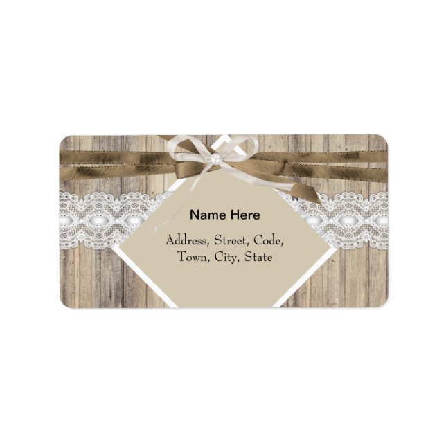 Étiquette Mariage Russe Beige Blanc dentelle Bois Burlap 2 (Devant)