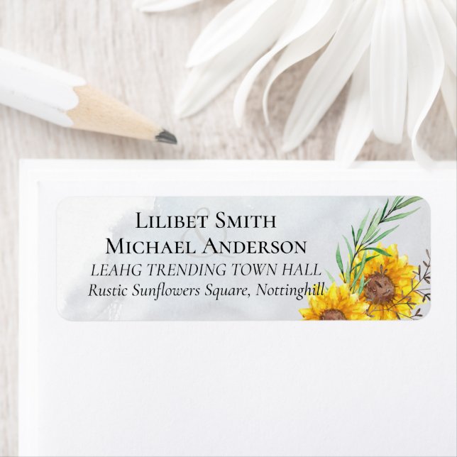 Étiquette Mariage rustique avec tournesols (En situation)